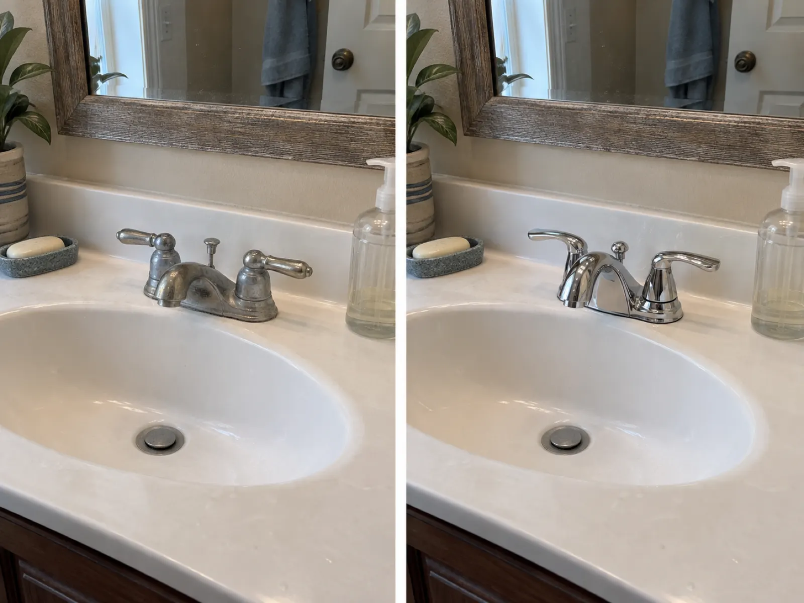 Before and after: worn bathroom faucet replaced with a new polished chrome faucet