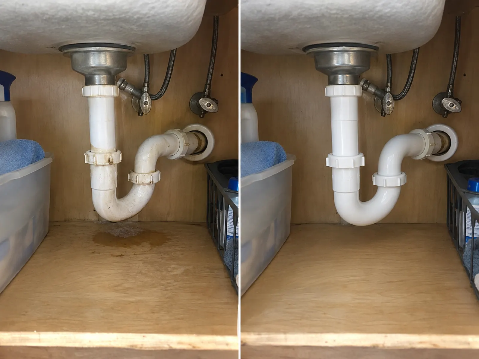 Before and after: corroded leaking sink trap replaced with clean new PVC drain assembly