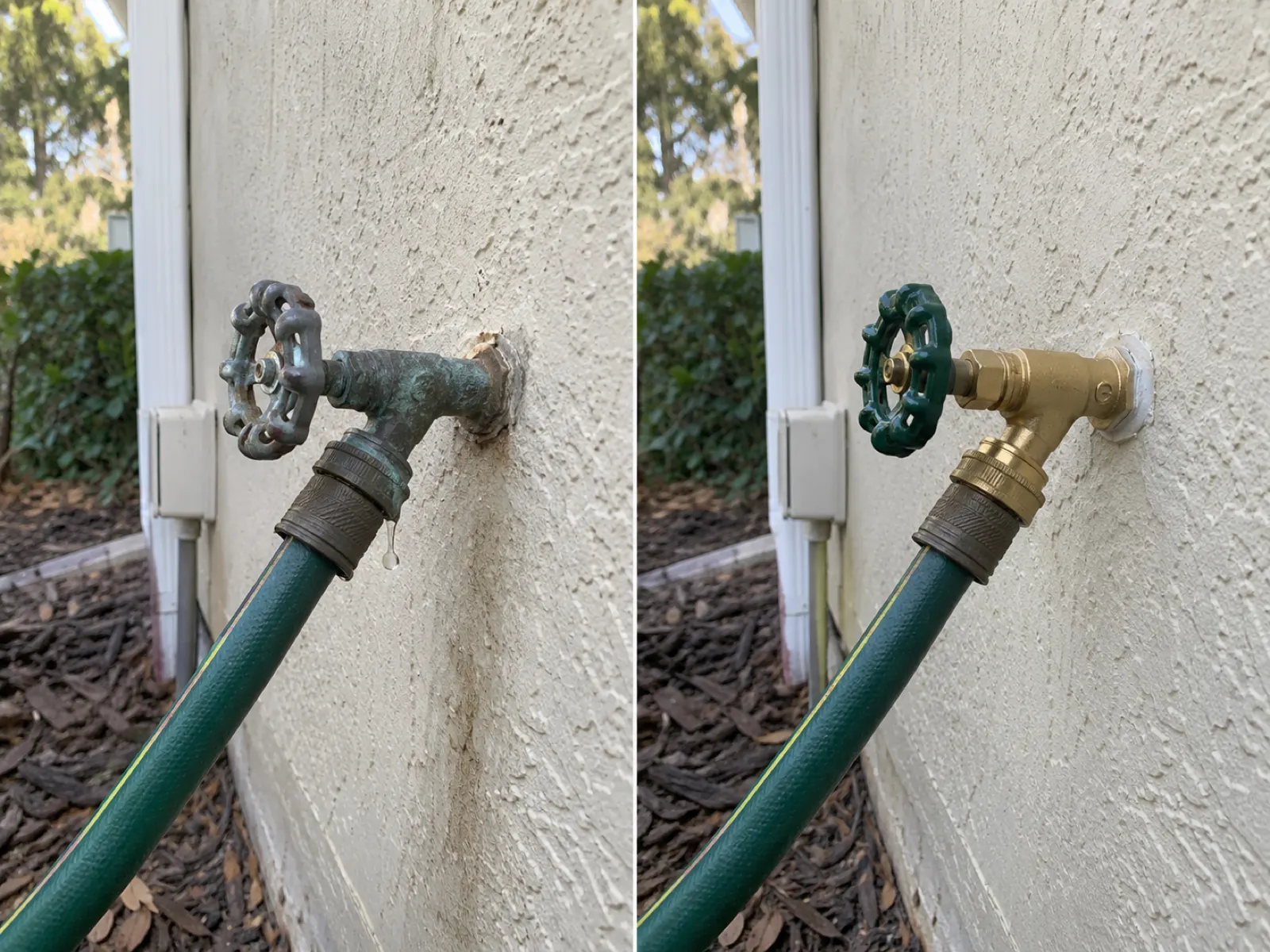 Before and after: corroded dripping outdoor hose bib replaced with new brass spigot