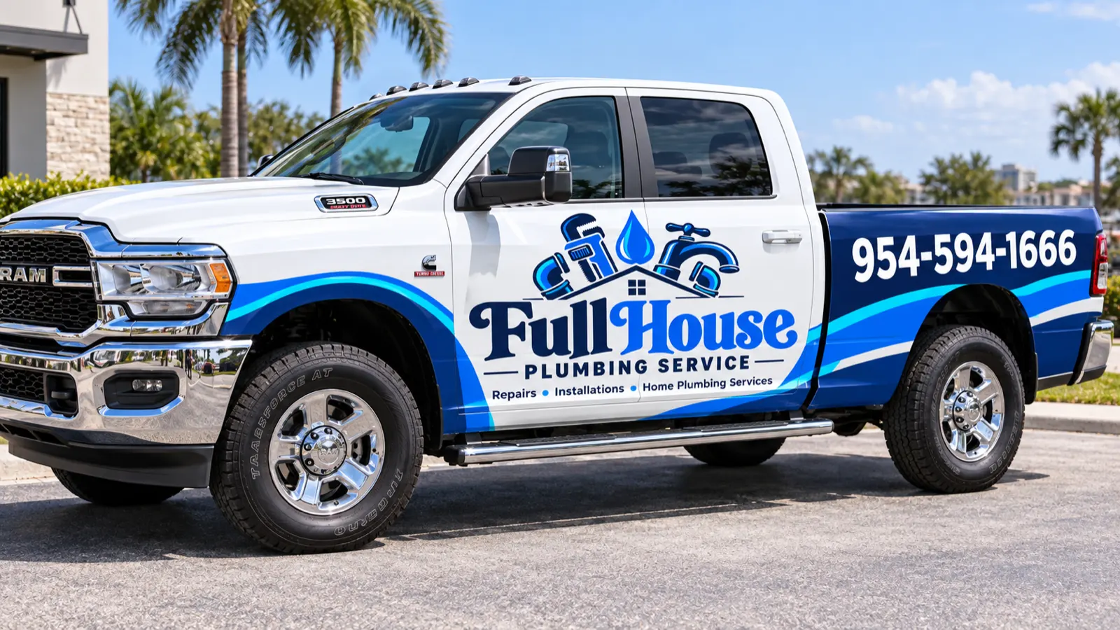 Full House Plumbing Service branded work truck parked under palm trees