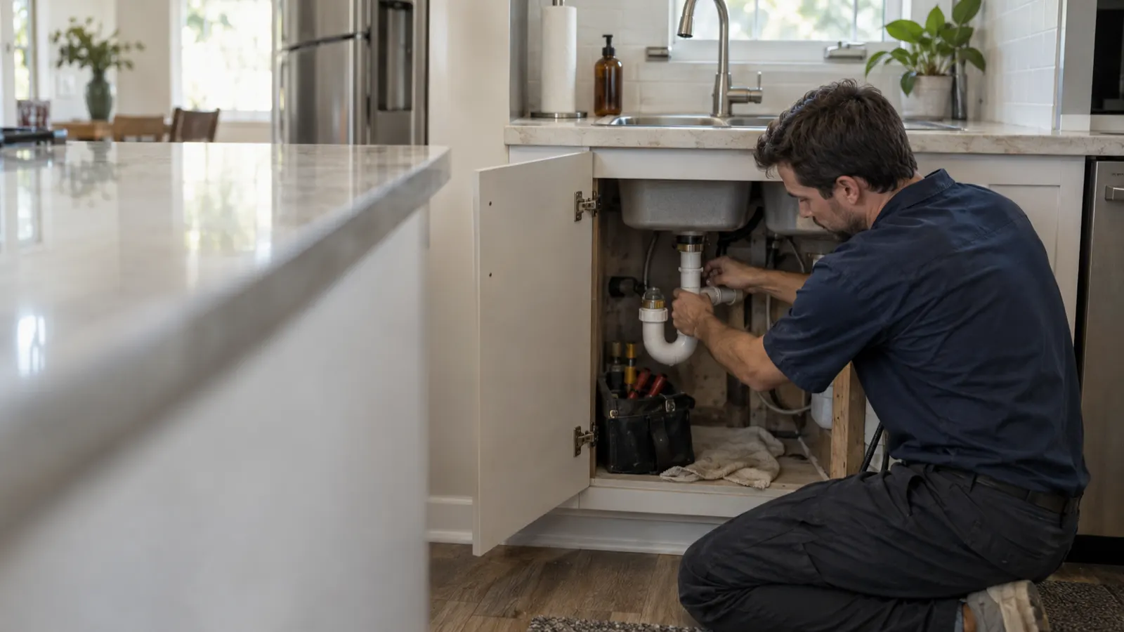 Full House plumber carefully repairing the drain under a kitchen sink in a bright Jacksonville home